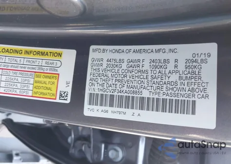 2019 Honda Accord Sport 2.0T from USA, damaged, VIN 1HGCV2F34KA008855